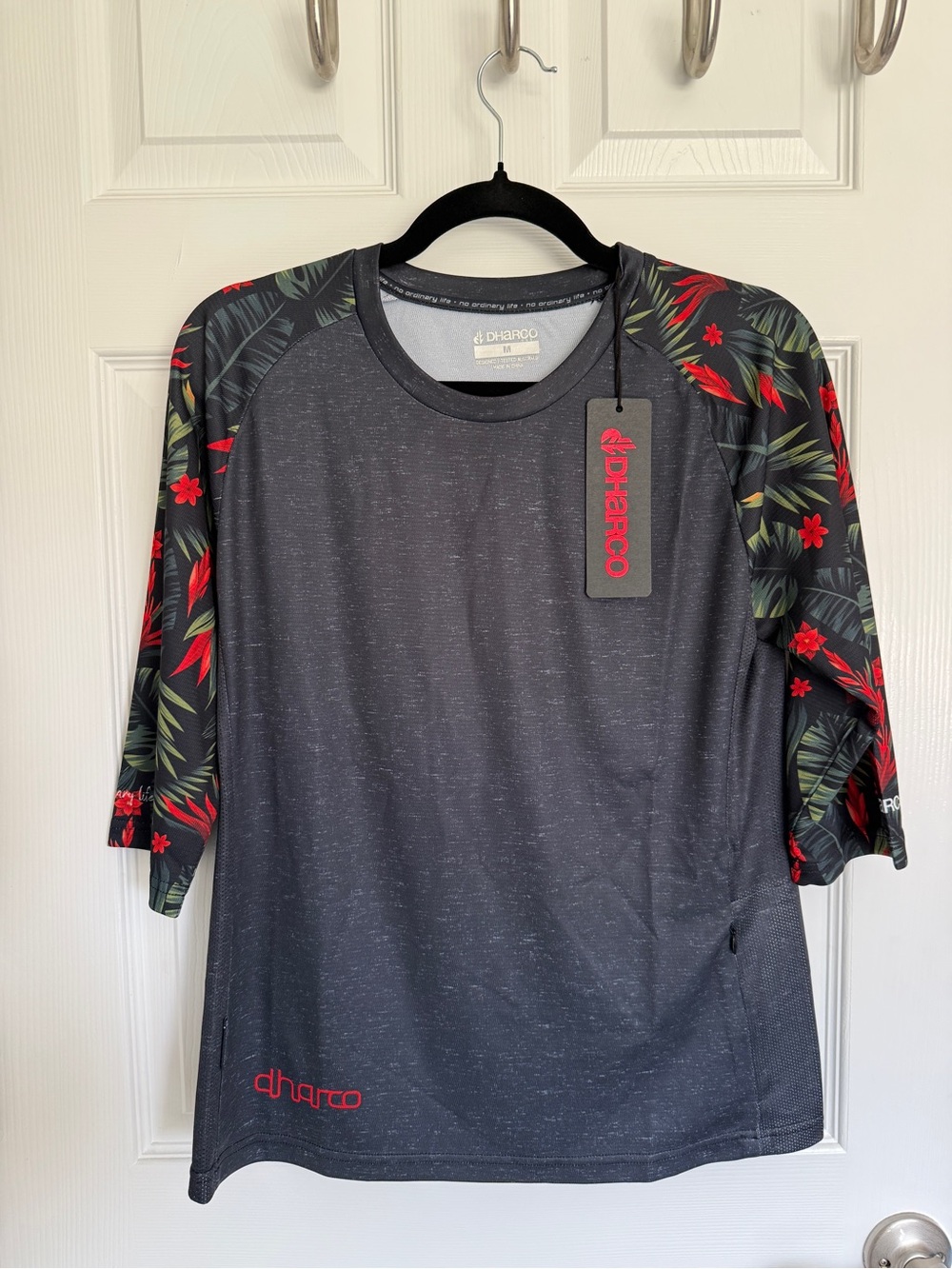 DHaRCO Women's Black MTB Jersey with Tropical Red Accent 3/4 length Sleeves